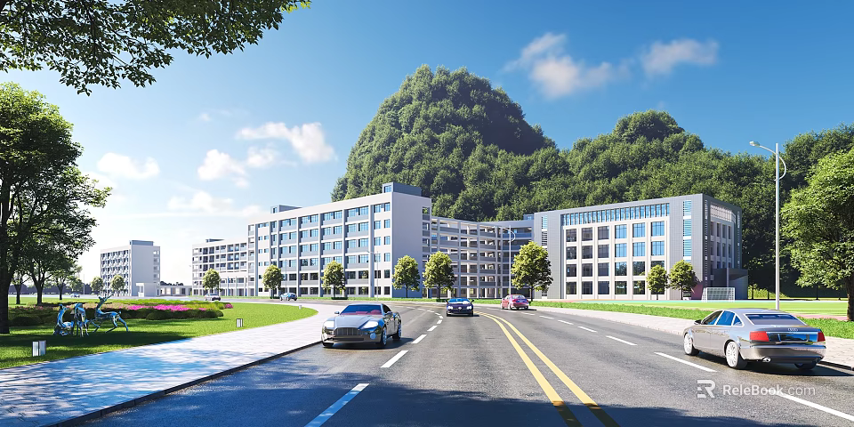 Modern School Buildings Surrounded By Green Trees Mountain Road With Cars Under Blue Sky 3d model 