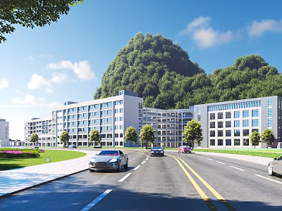 Modern School Buildings Surrounded By Green Trees Mountain Road With Cars Under Blue Sky 3d model