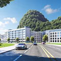 Modern School Buildings Surrounded By Green Trees Mountain Road With Cars Under Blue Sky