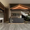 Modern Chinese Style Restaurant Interior With Wooden Decor Reception Desk Green Plants And Warm Lighting