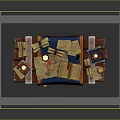 Wooden Table with Blue Banner Featuring Lion Emblem Scrolls and Candles on Top