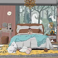 Kids Room Interior Design With Pink Walls Forest Themed Wallpaper Yellow Curtains And Stuffed Toys