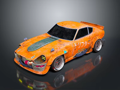 Orange Vintage Sports Car With Rusty Decals Number 1779 And Rear Spoiler 3d model