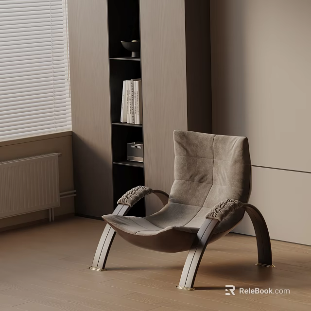 Gray Modern Leisure Chair With Soft Velvet Upholstery Curved Armrests And Wooden Legs Near Bookshelf And Window Blinds 3d model 