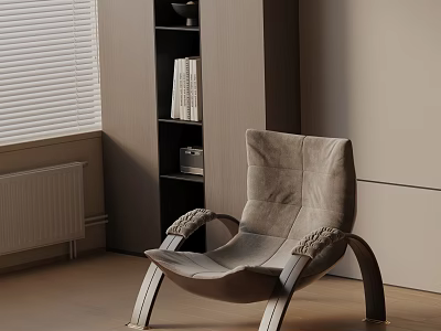 Gray Modern Leisure Chair With Soft Velvet Upholstery Curved Armrests And Wooden Legs Near Bookshelf And Window Blinds 3d model