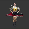 Woman in traditional folk costume with golden top dancing and spinning red black skirt