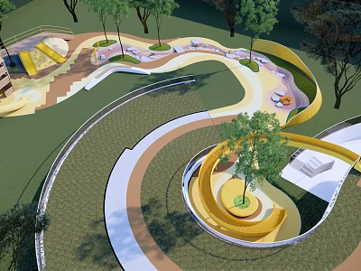 Modern Roof Garden Landscape Design With Winding Paths Trees Lawn Areas And Yellow Structures 3d model