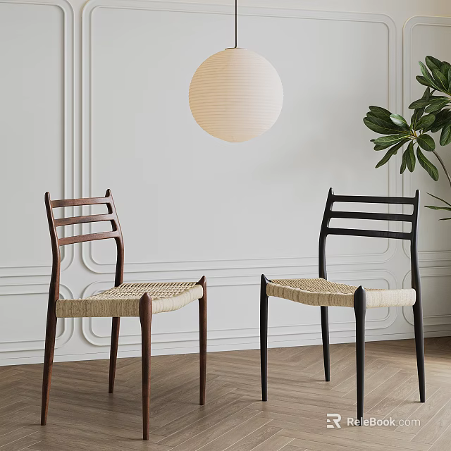 Modern Wooden Dining Chairs With Woven Seats Black And Brown In Stylish Interior 3d model 