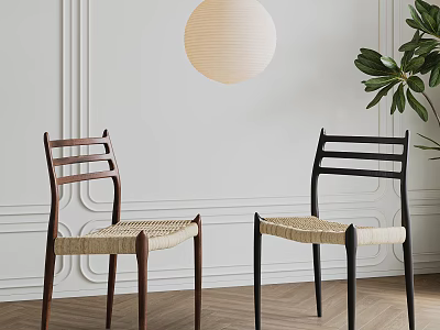 Modern Wooden Dining Chairs With Woven Seats Black And Brown In Stylish Interior 3d model