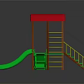 Colorful Playground Equipment With Red Roof Green Slide Steps And Yellow Spiral Ladder
