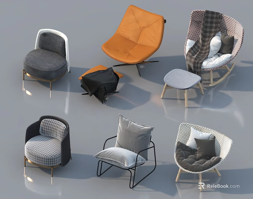 Various Stylish Accent Leisure Chairs With Leather Plaid Woven Patterns And Soft Cushions 3d model 