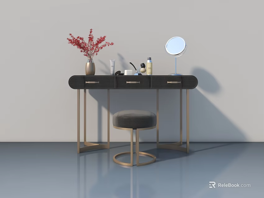 Modern Dressing Table With Flat Door Cabinet Gold Legs Round Mirror And Stool 3d model 