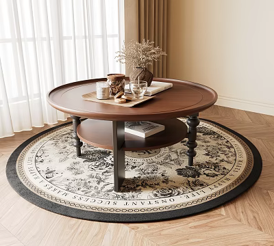 Round Wooden Coffee Table With Decorative Items On Circular Patterned Rug 3d model