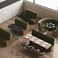 Green Booth Sofas In Restaurant With Wooden Floor And Black Tables 3d model