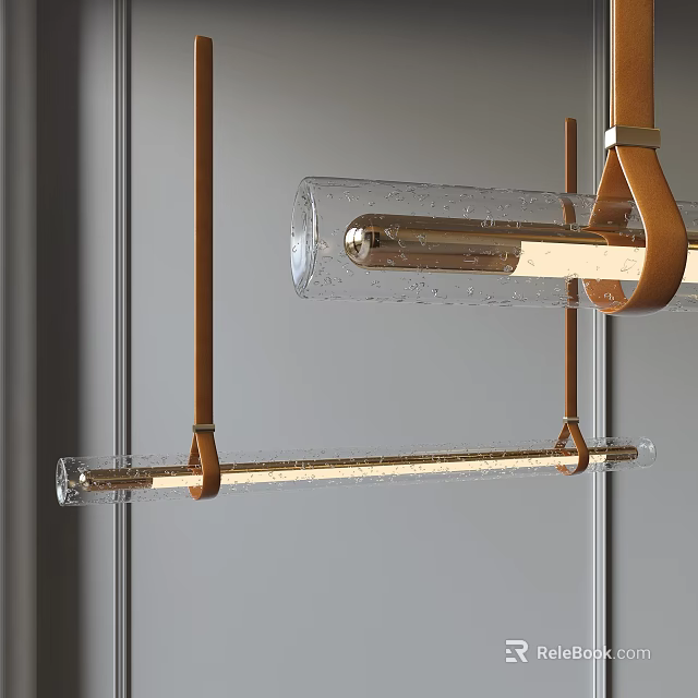 Modern Minimalist Chandelier With Transparent Glass Tube Leather Hanging Rope And Golden Metal 3d model 