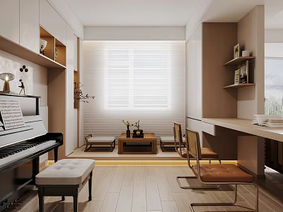 Modern Living and Dining Room Interior With Sofa Dining Table Chairs And Curtains 3d model