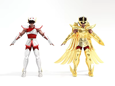 Game and Movie Warrior Characters in Red White and Gold Armor with Helmets and Capes 3d model