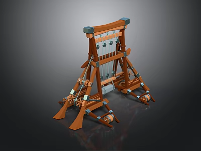 Ancient Wooden Catapult Chariot With Ropes Metal Components And Wheels 3d model