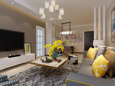Modern Living Dining Room Open Concept With Gray Sofa Yellow Pillows Chandelier And Decorative Paintings 3d model