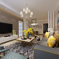 Modern Living Dining Room Open Concept With Gray Sofa Yellow Pillows Chandelier And Decorative Paintings