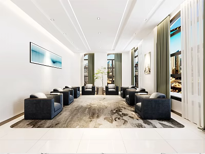 Modern Hotel Public Lounge Area With Black Sofas Large Windows And Decorative Painting 3d model