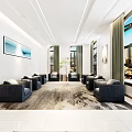 Modern Hotel Public Lounge Area With Black Sofas Large Windows And Decorative Painting