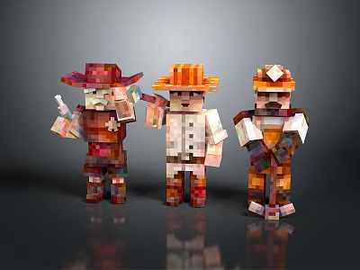 Stylish Colorful Pixel Art Game Characters With Different Hats And Outfits 3d model