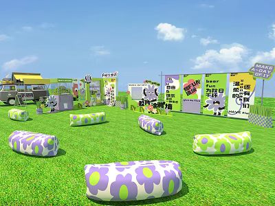 Bright Outdoor Space With Green Grass Purple Green Flower Patterned Cushions And Banners 3d model