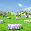 Bright Outdoor Space With Green Grass Purple Green Flower Patterned Cushions And Banners