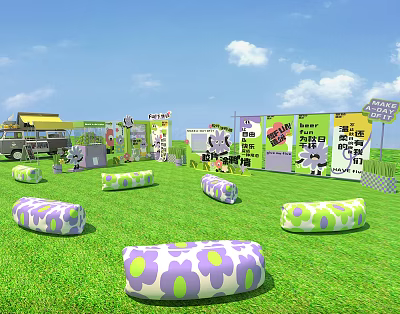 Bright Outdoor Space With Green Grass Purple Green Flower Patterned Cushions And Banners 3d model