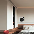 Modern Minimalist Bedroom Interior With Bed Gray Blanket Bedside Table Window Blinds And Plant
