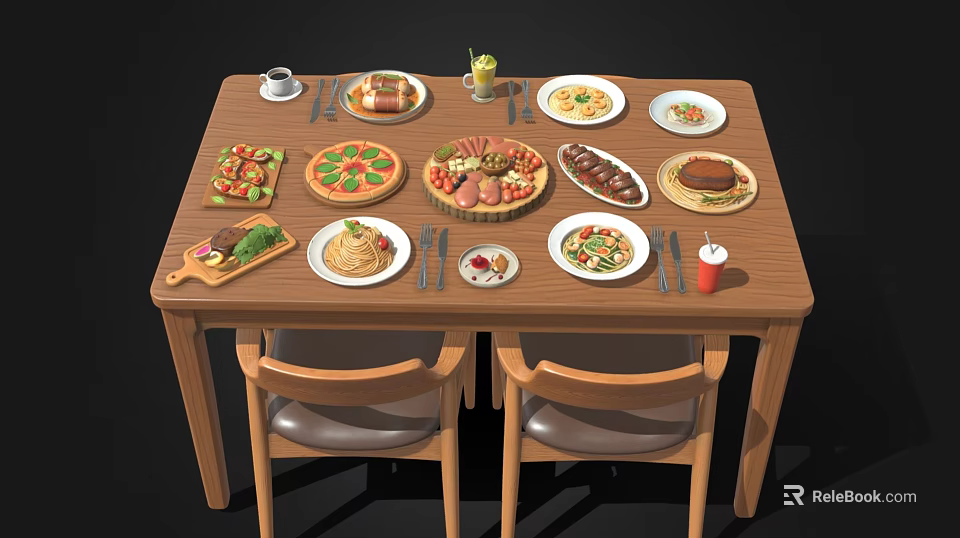 Assorted Food Dishes On Wooden Dining Table With Pizza Pasta Meat And Beverages 3d model 