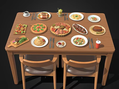 Assorted Food Dishes On Wooden Dining Table With Pizza Pasta Meat And Beverages 3d model