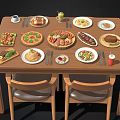 Assorted Food Dishes On Wooden Dining Table With Pizza Pasta Meat And Beverages