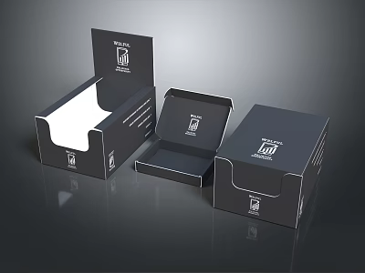 Modern Stylish Black Decorative Ornament Set Packaging Boxes With White Logo Text Open Closed Design 3d model