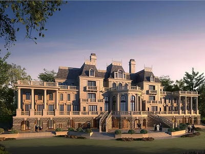Luxury Detached Villa European Architecture with Towers Balconies Lush Trees and Lawn 3d model