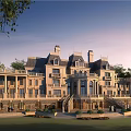Luxury Detached Villa European Architecture with Towers Balconies Lush Trees and Lawn