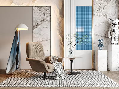 Beige Accent Chair In Modern Living Room With Floor Lamp Geometric Rug And Marble Wall 3d model