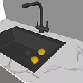 Modern Kitchen Faucet on Marble Countertop with Black Sink Metal Rack and Yellow Lemons