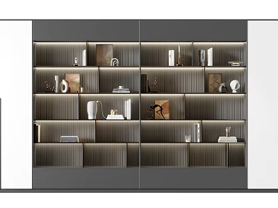 Modern Bookcase Interior Design With Layered Shelves Lighting And Decorative Items 3d model