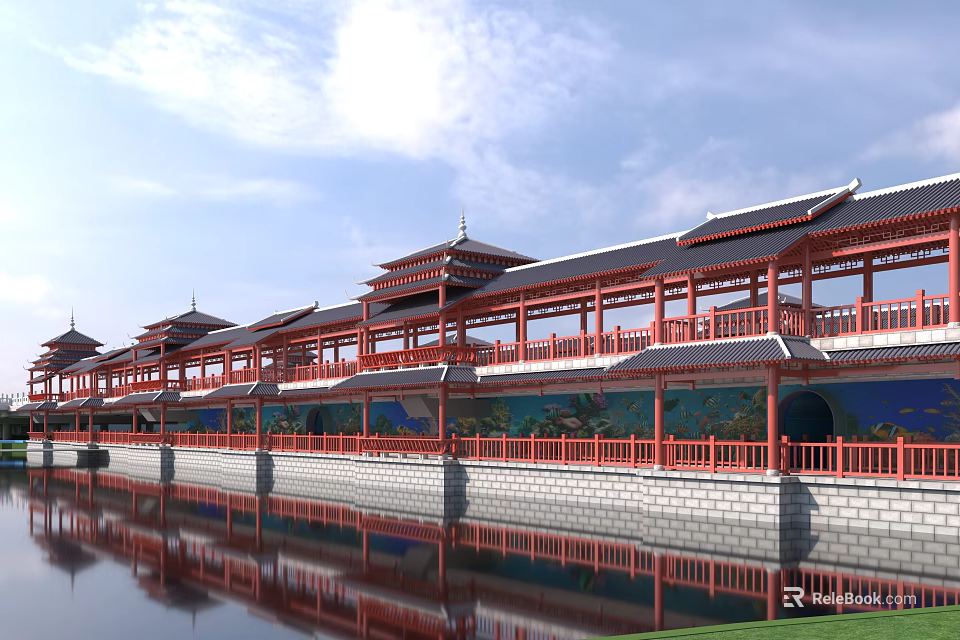 Traditional Chinese Classical Covered Gallery Bridge With Clear Water Reflection Under Bright Sunny Blue Sky 3d model 