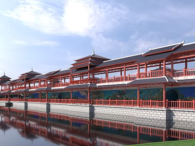 Traditional Chinese Classical Covered Gallery Bridge With Clear Water Reflection Under Bright Sunny Blue Sky 3d model