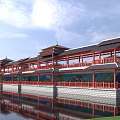 Traditional Chinese Classical Covered Gallery Bridge With Clear Water Reflection Under Bright Sunny Blue Sky