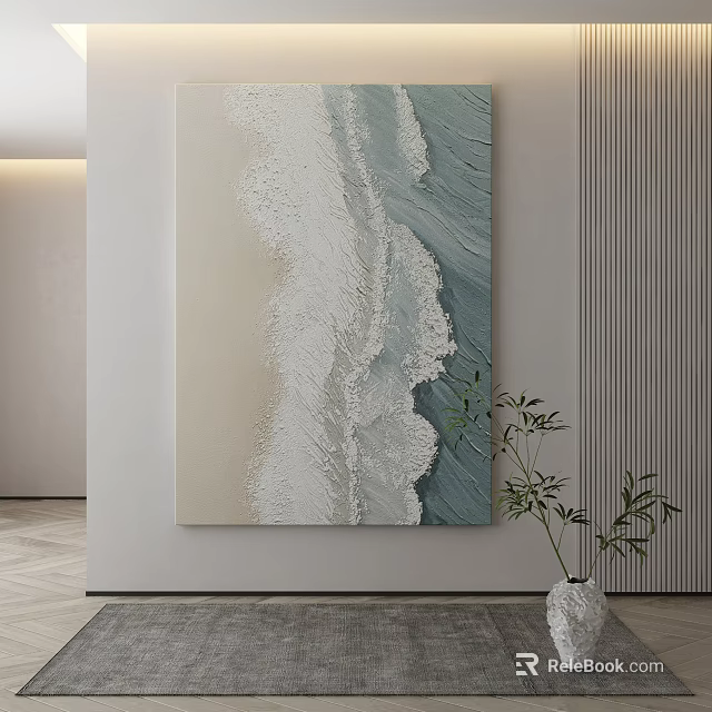 Abstract Painting With Neutral Beige White Blue Textured Wall Decor Green Plant In White Vase 3d model 
