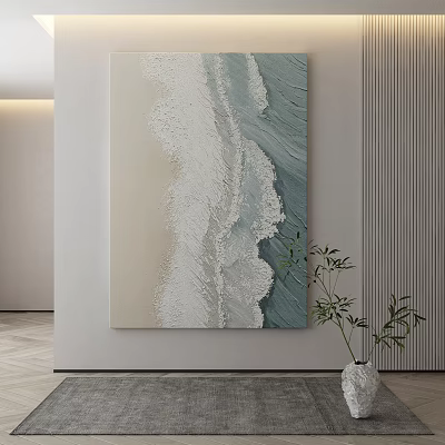 Abstract Painting With Neutral Beige White Blue Textured Wall Decor Green Plant In White Vase 3d model