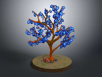 Cartoon Scene With Decorative Tree Brown Trunk Blue Decorated Branches Small Animal And Round Base 3d model