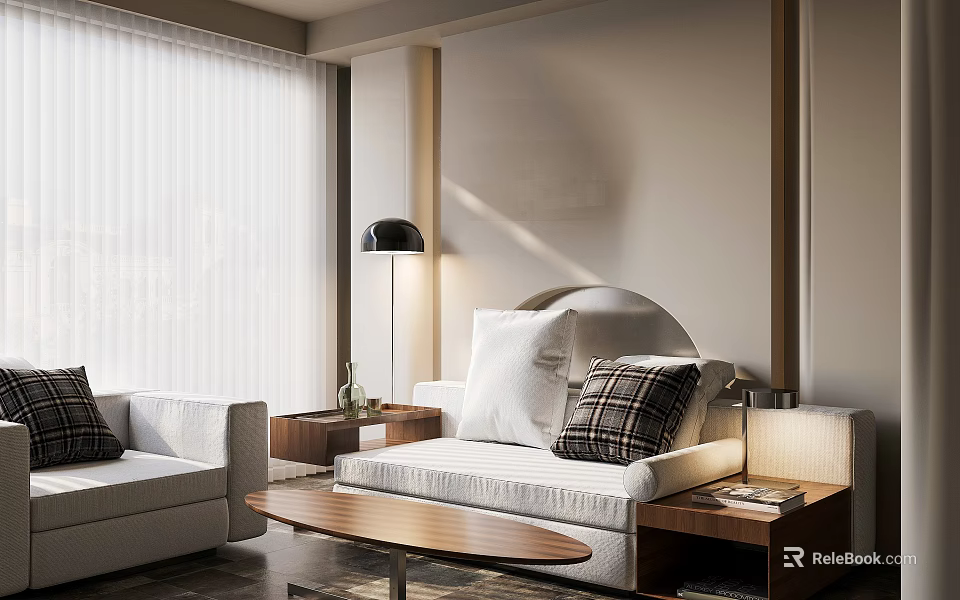 Modern White Sofa and Wooden Coffee Table with Plaid Pillows and Floor Lamp 3d model 