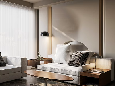 Modern White Sofa and Wooden Coffee Table with Plaid Pillows and Floor Lamp 3d model