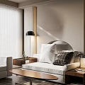 Modern White Sofa and Wooden Coffee Table with Plaid Pillows and Floor Lamp