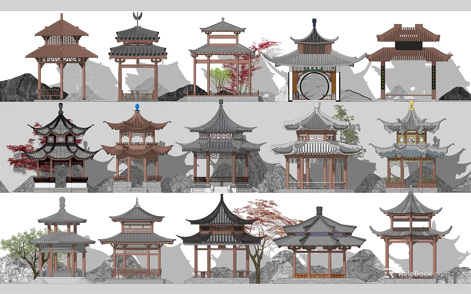 Traditional Chinese Pavilions Design With Various Architectural Styles And Natural Elements 3d model 